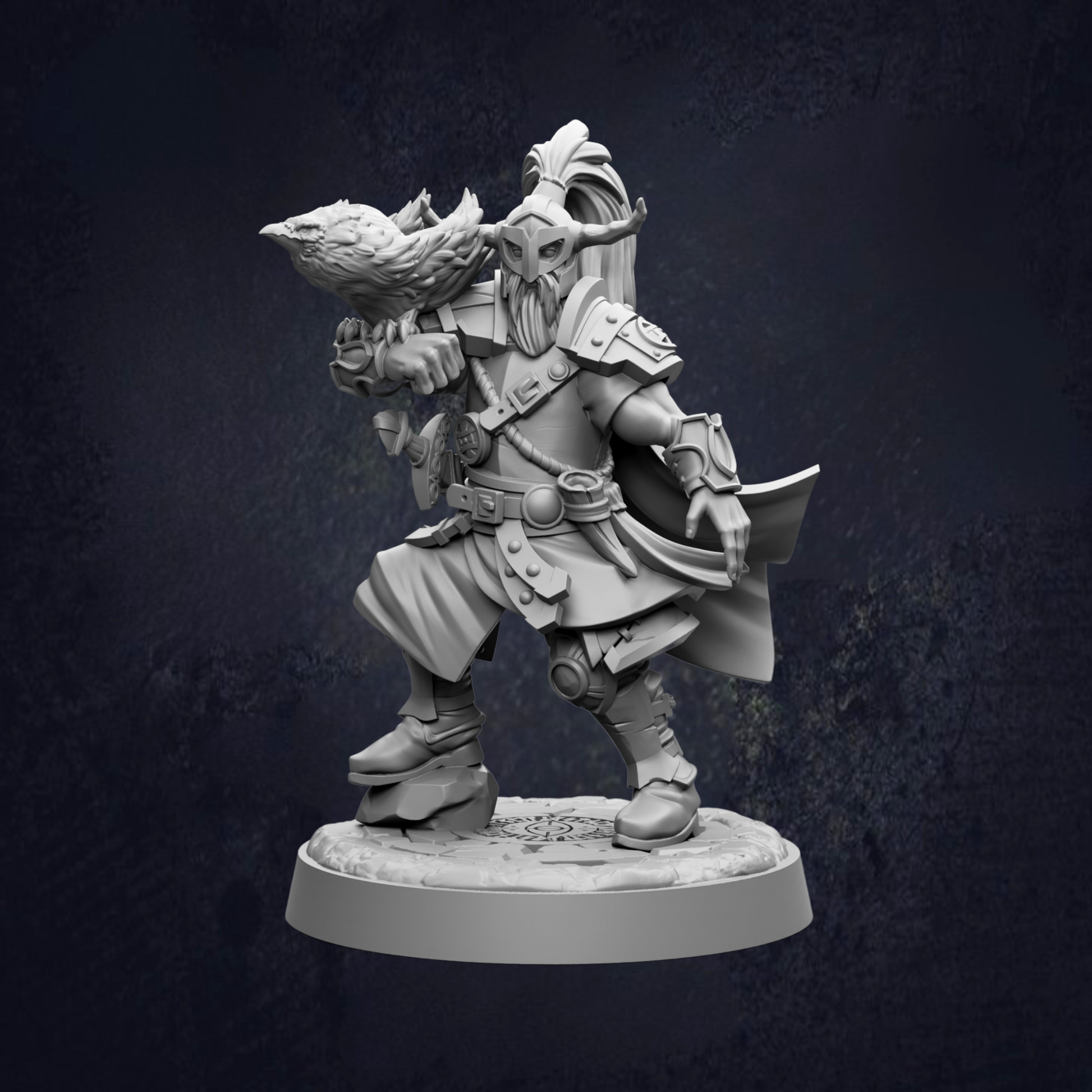A detailed 3D model of a fantasy character, possibly a warrior or elf, standing on a platform and holding a bird in one hand and a shield in the other.