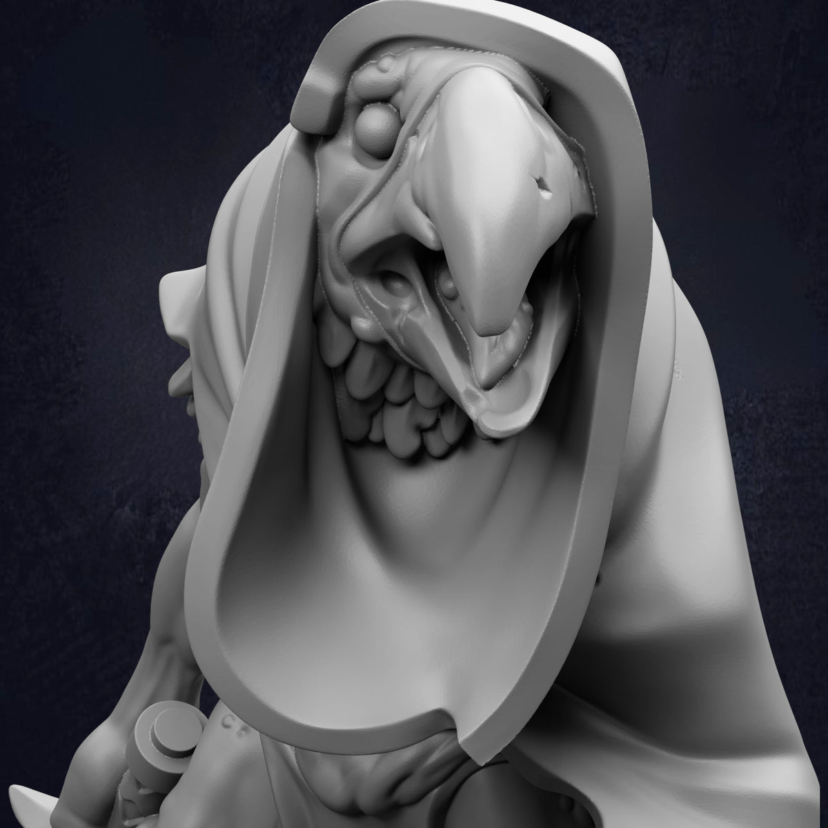 A close-up view of a detailed, sculpted statue of a creature with a large, open mouth and a distinctive, elongated head.