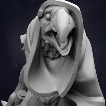 A close-up view of a detailed, sculpted statue of a creature with a large, open mouth and a distinctive, elongated head.