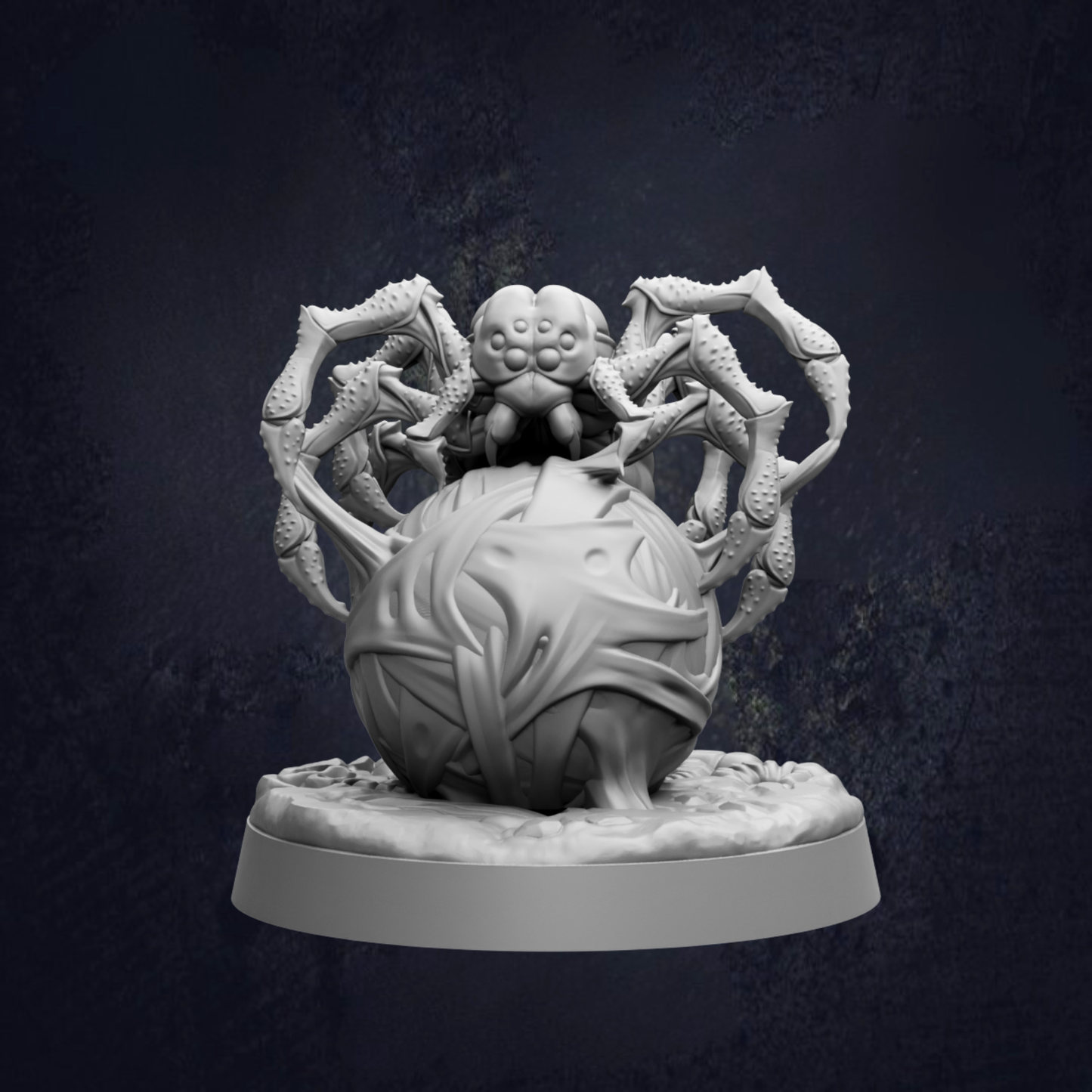 A 3D rendering of a large, intricate spider sculpture with multiple legs and a round body, set against a dark background.