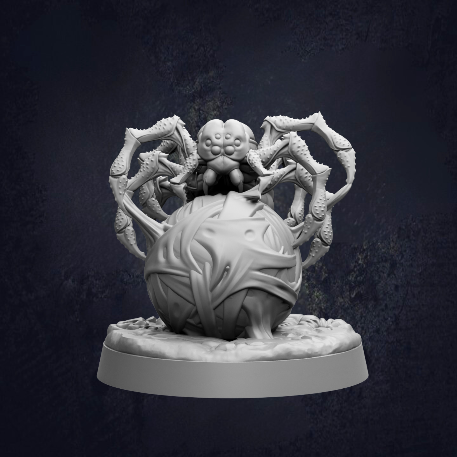 A 3D rendering of a large, intricate spider sculpture with multiple legs and a round body, set against a dark background.