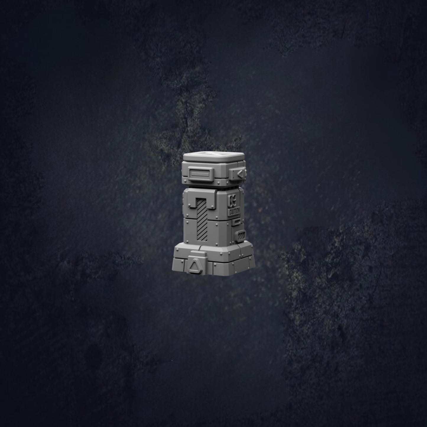 A 3D rendering of a metallic object, possibly a piece of machinery or a container, set against a dark, textured background.