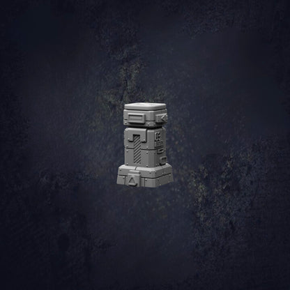 A 3D rendering of a metallic object, possibly a piece of machinery or a container, set against a dark, textured background.