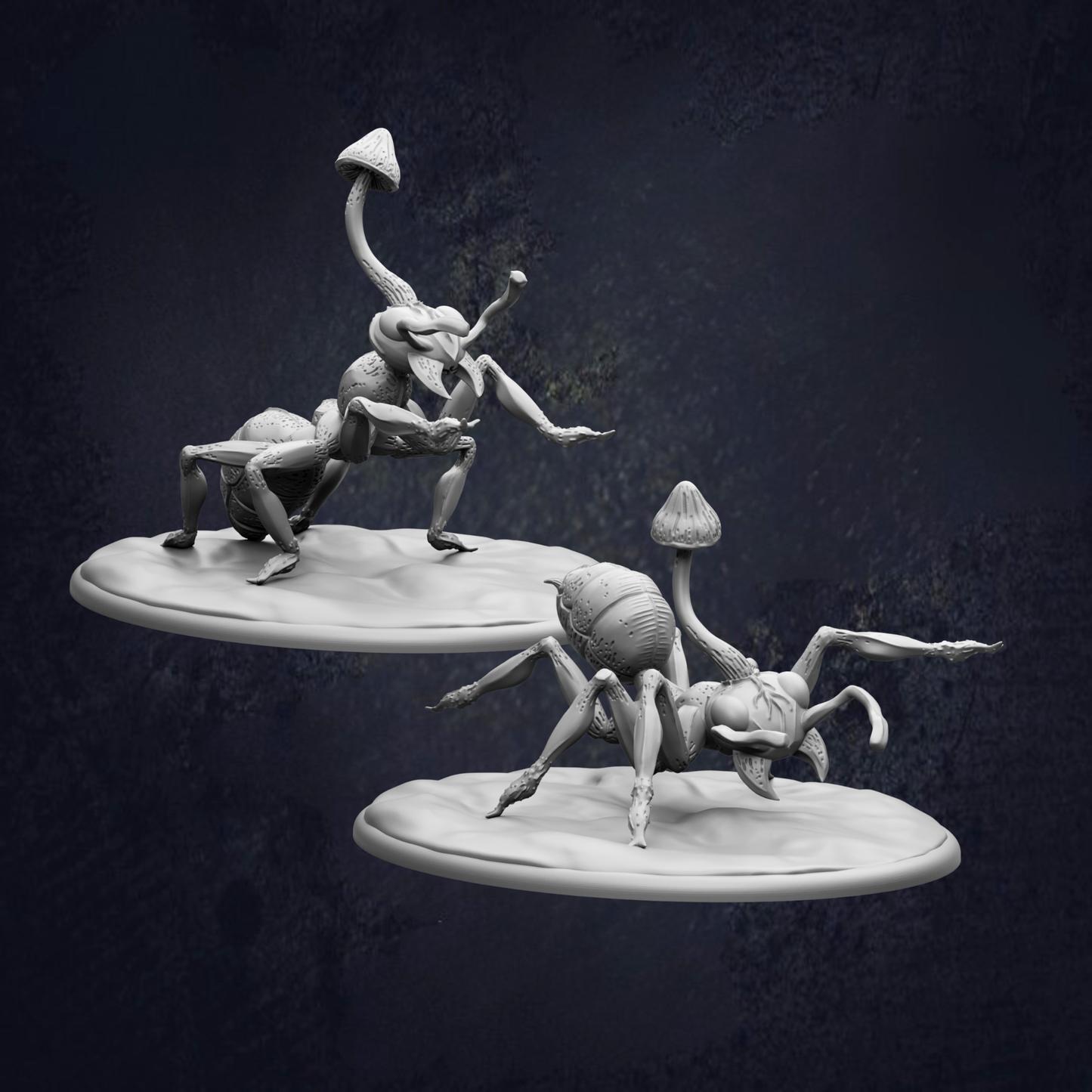 two detailed sculptures of insects, including a large ant and a mushroom-like creature, set against a dark background.