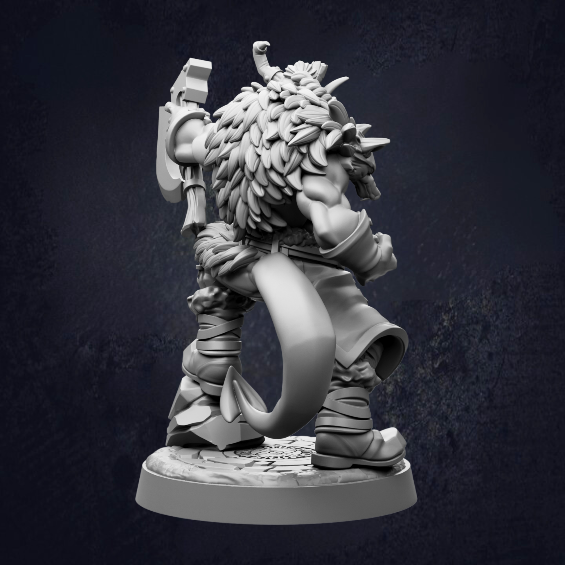 A detailed 3D model of a fantasy character, likely a warrior or magical being, standing on a platform against a dark background.
