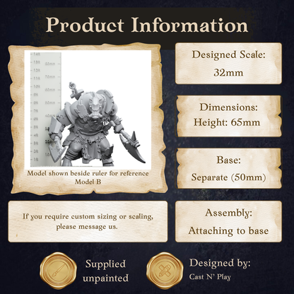 The image is a product information page for a model called "Model B", which is designed in the scale of 32mm. The page provides dimensions and assembly instructions for the model.