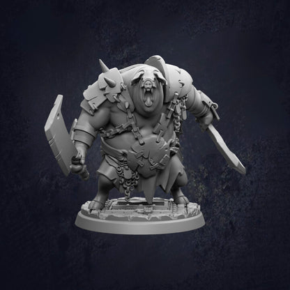 A 3D rendering of a fierce-looking, armored creature with sharp teeth and claws, standing on a platform and holding various weapons.