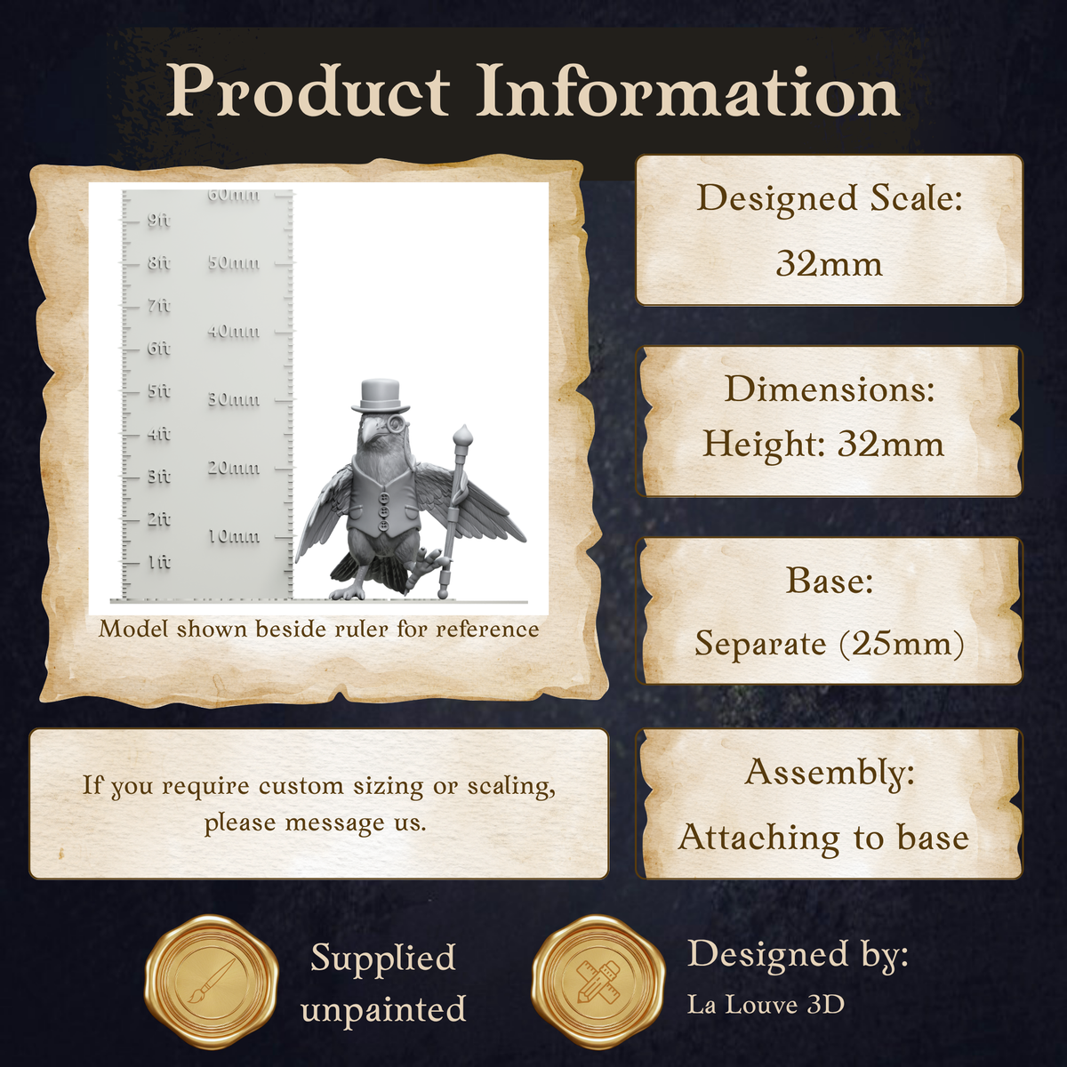 The image is a product information graphic that provides details about a model shown beside a ruler for reference.