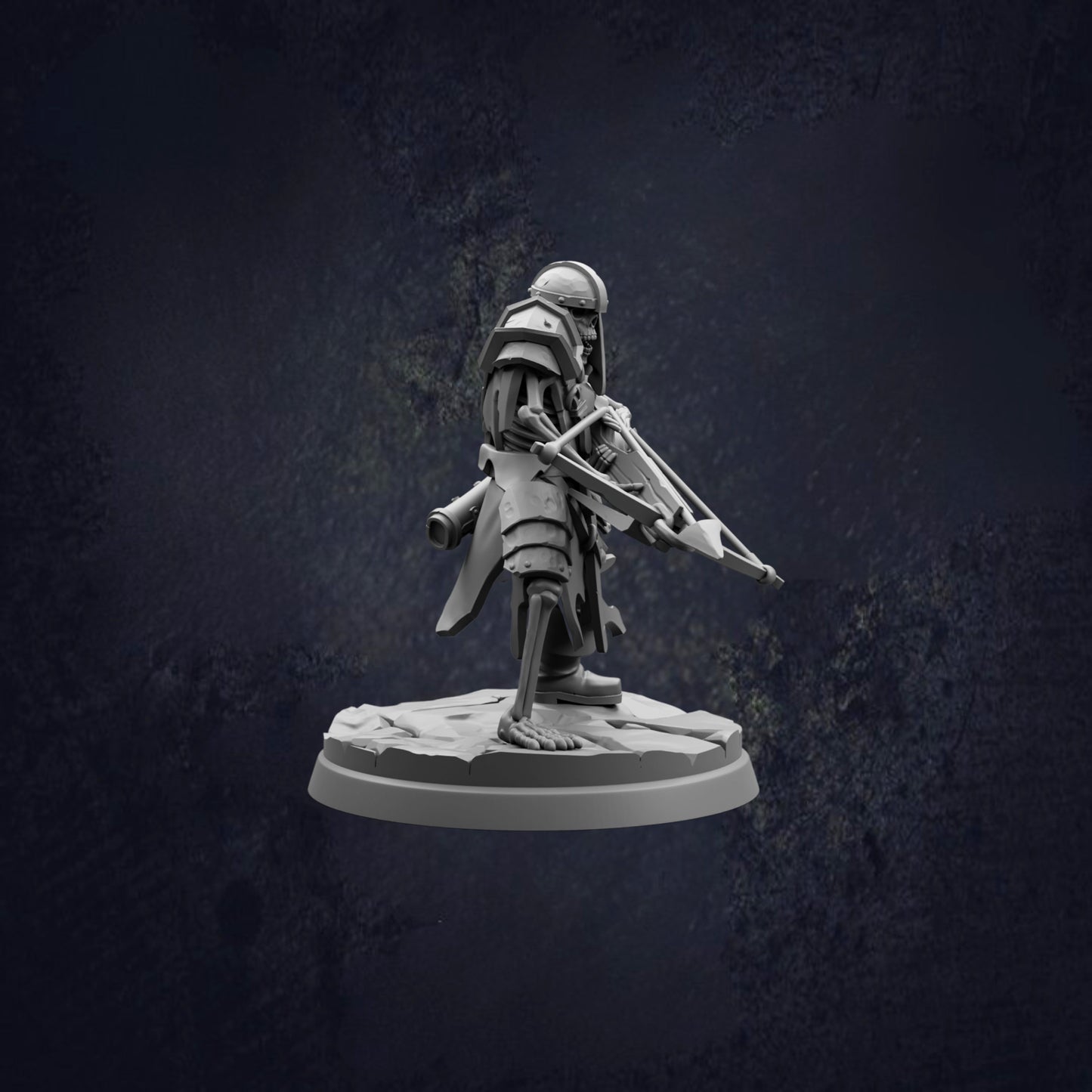A 3D model of a warrior figure holding a weapon, standing on a platform against a dark background.