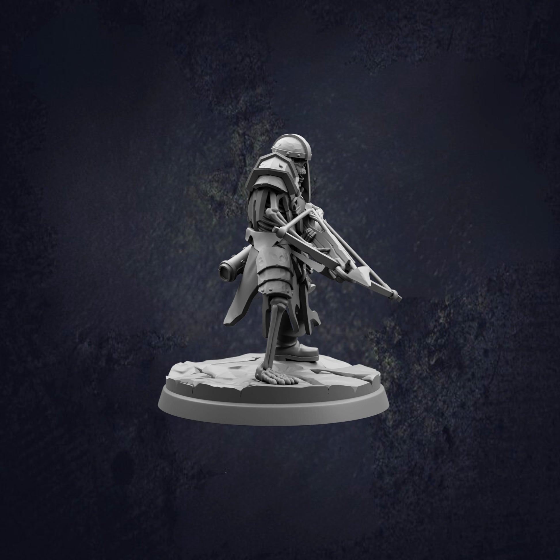 A 3D model of a warrior figure holding a weapon, standing on a platform against a dark background.