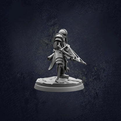 A 3D model of a warrior figure holding a weapon, standing on a platform against a dark background.
