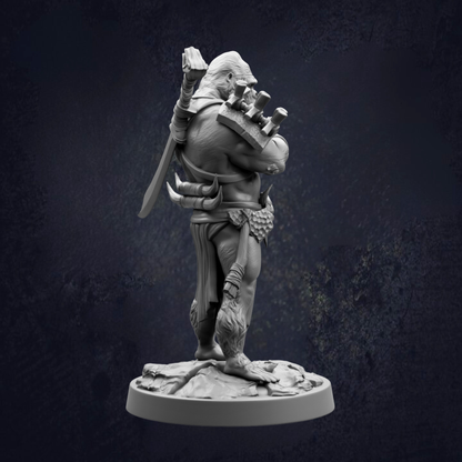 A detailed 3D model of a warrior figure, standing on a base and holding a sword and shield.