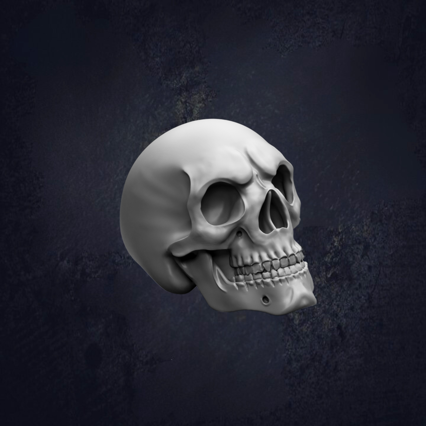 A 3D rendering of a skull against a dark background.