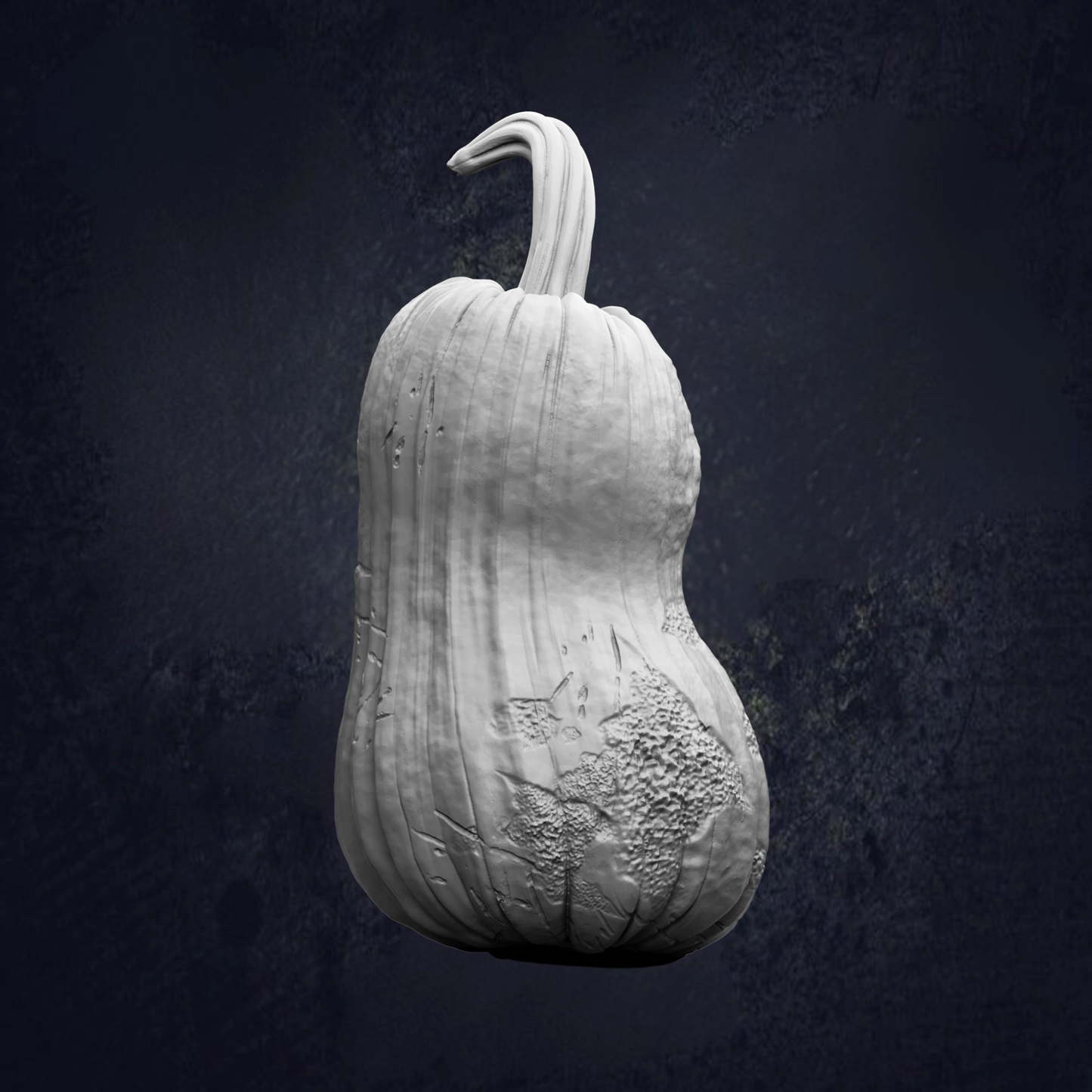 A white, textured pumpkin with a curved stem is shown against a dark background.