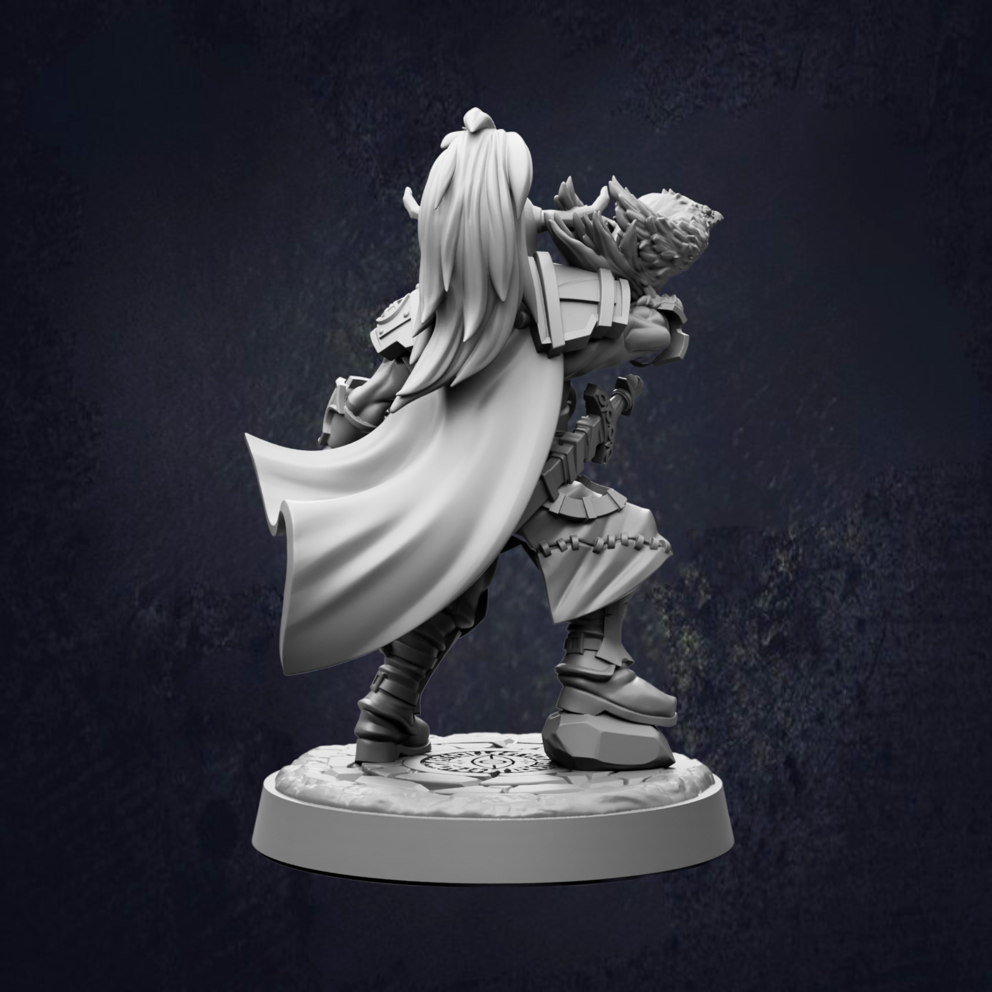 A 3D rendering of a character with long hair, wearing a cape and holding a weapon, standing on a base.