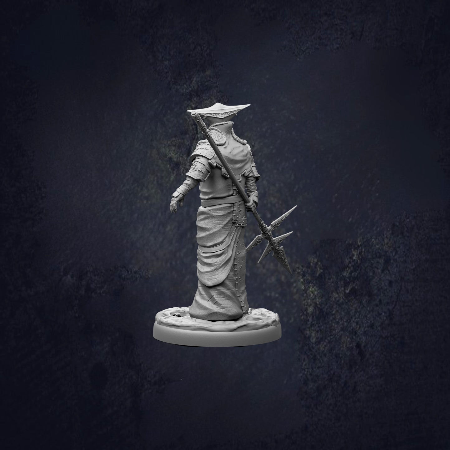 A statue of a figure holding a spear and shield, standing against a dark background.
