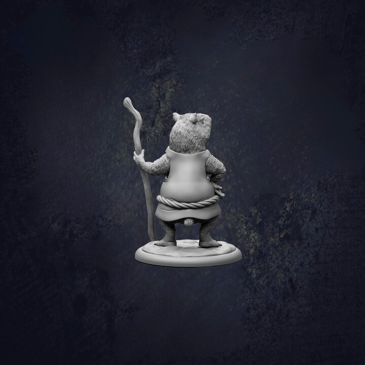 A 3D model of a small animal figurine, possibly a rodent or a similar creature, standing on a base and holding a stick or a branch.