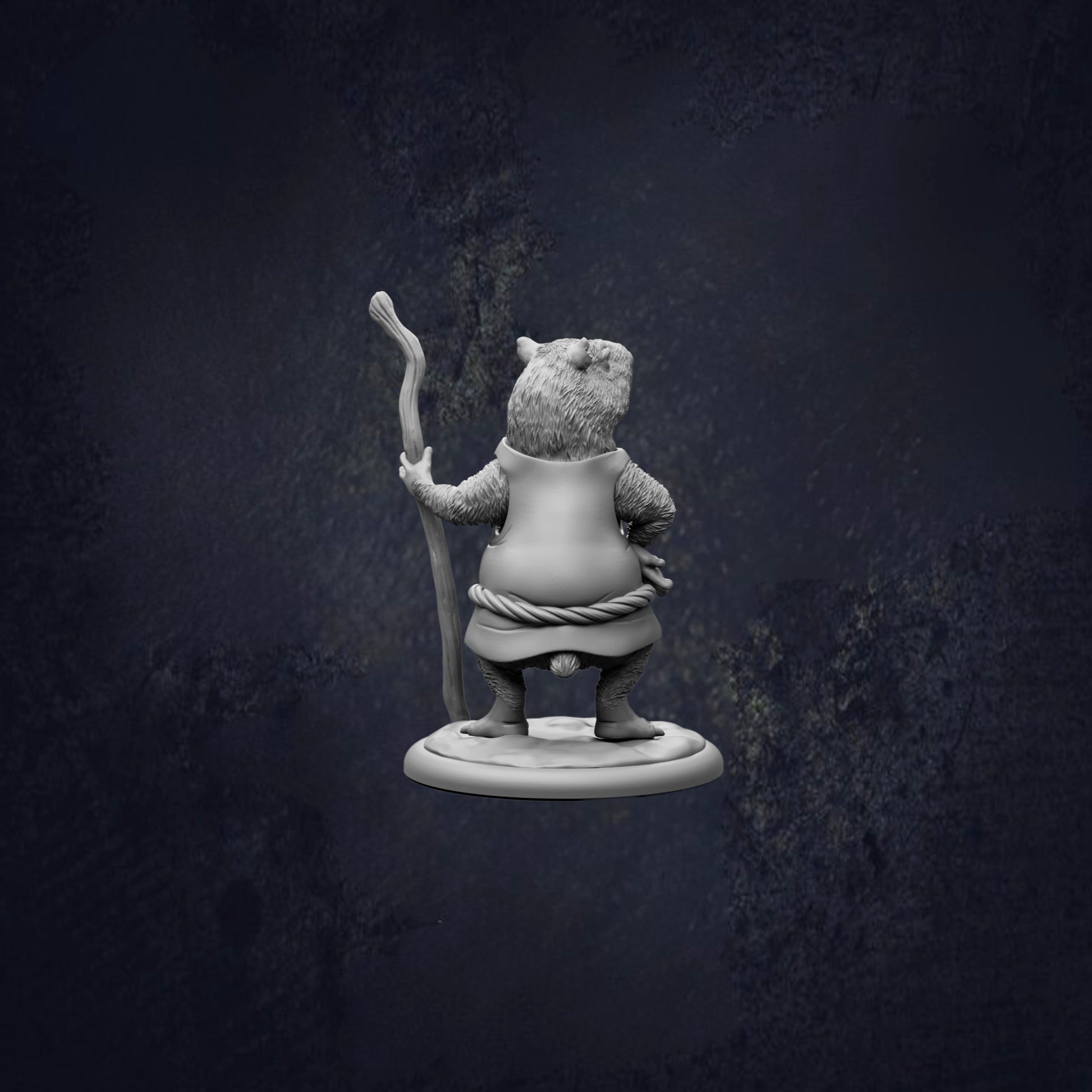 A 3D model of a small animal figurine, possibly a rodent or a similar creature, standing on a base and holding a stick or a branch.