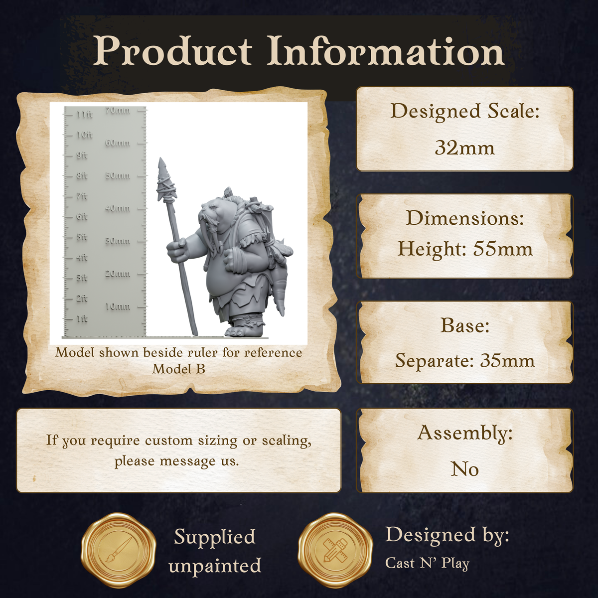 The image is a product information page for a figurine, specifically Model B. The page provides details about the figurine, including its dimensions, height, base, and assembly instructions.