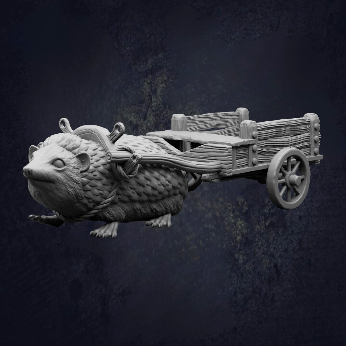 A 3D rendering of a wooden cart with a large animal figure attached to it, set against a dark background.