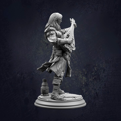 A statue of a person playing a musical instrument, likely a guitar or banjo, against a dark background.