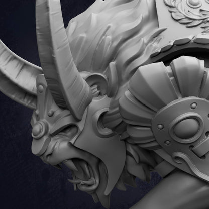 A close-up view of a detailed, sculpted statue depicting a fierce, horned creature with a fierce expression.