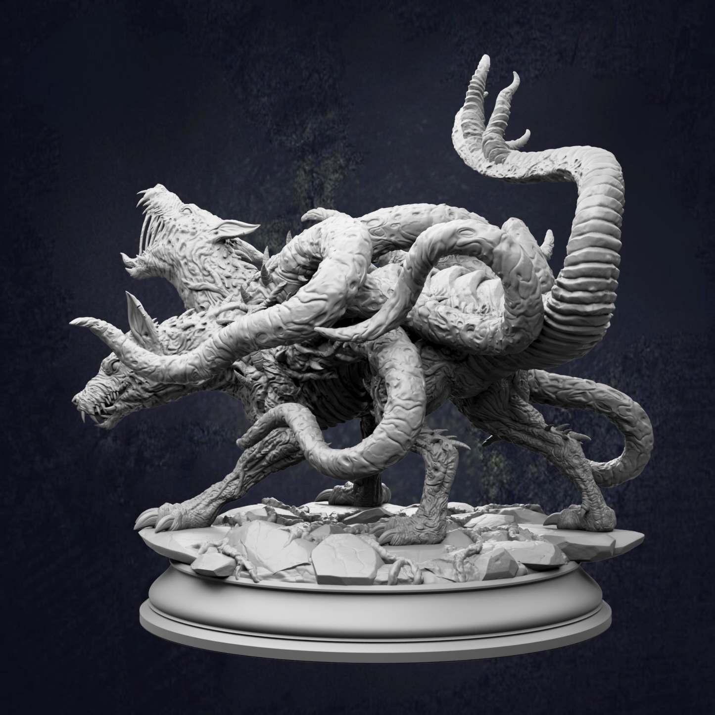 A detailed, intricate sculpture of a fantastical creature with multiple tentacles and sharp teeth, set against a dark background.