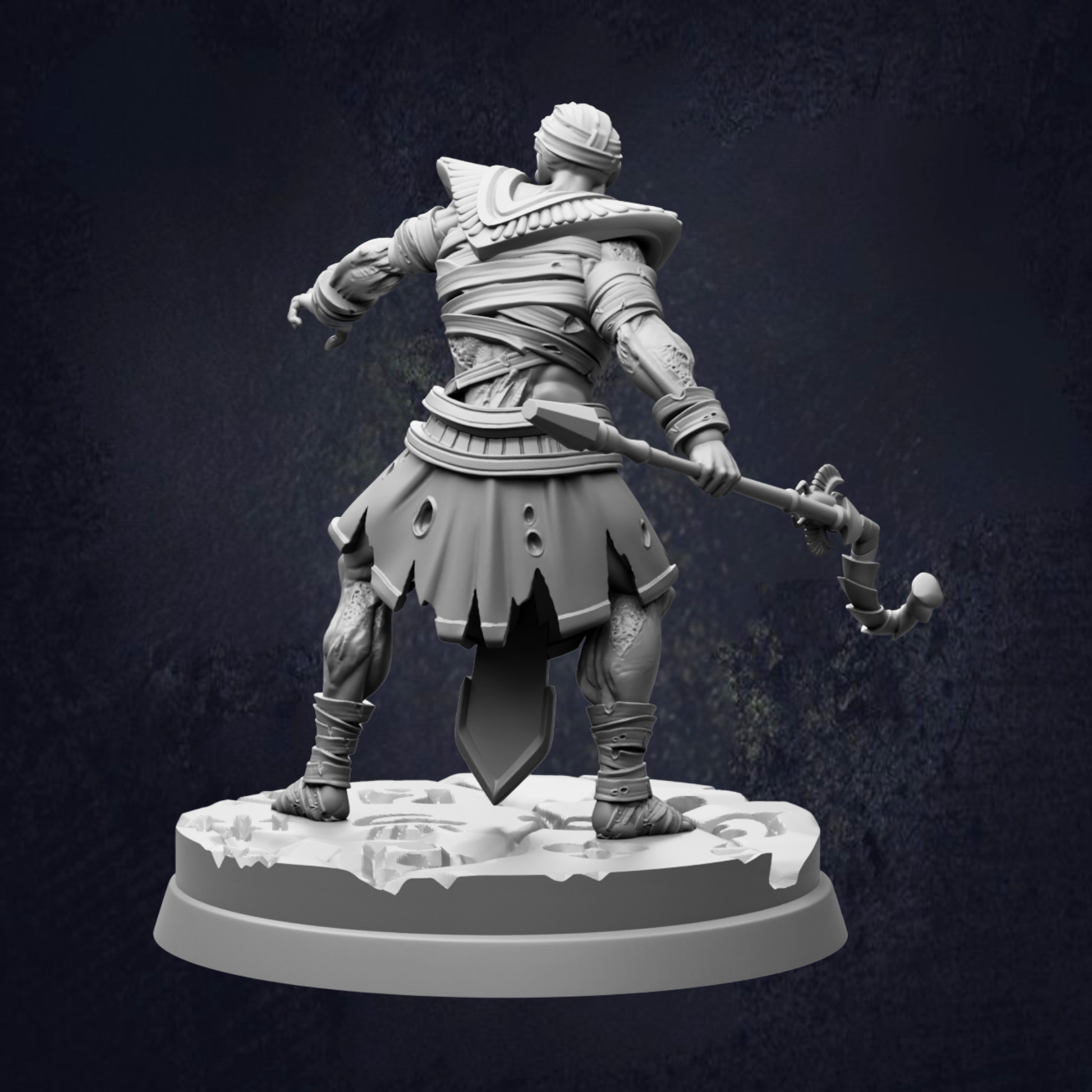 A 3D rendering of a warrior figure in a fighting stance, holding a weapon and standing on a platform.
