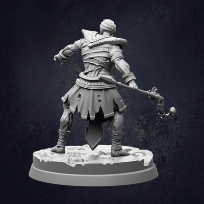 A 3D rendering of a warrior figure in a fighting stance, holding a weapon and standing on a platform.