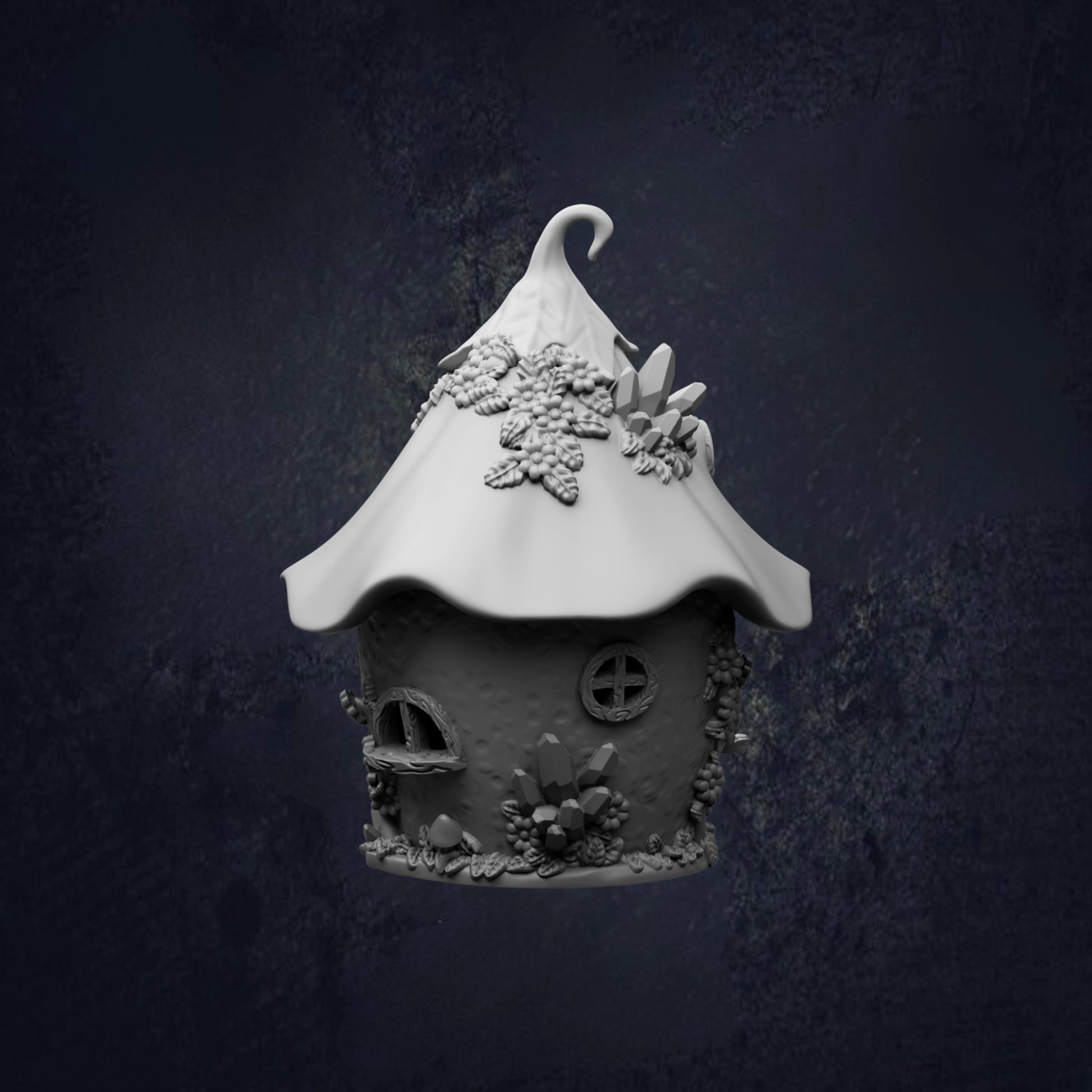 A whimsical, fantastical house-like structure with a pointed roof, adorned with various decorative elements such as flowers and leaves, set against a dark background.