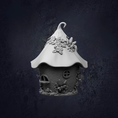 A whimsical, fantastical house-like structure with a pointed roof, adorned with various decorative elements such as flowers and leaves, set against a dark background.