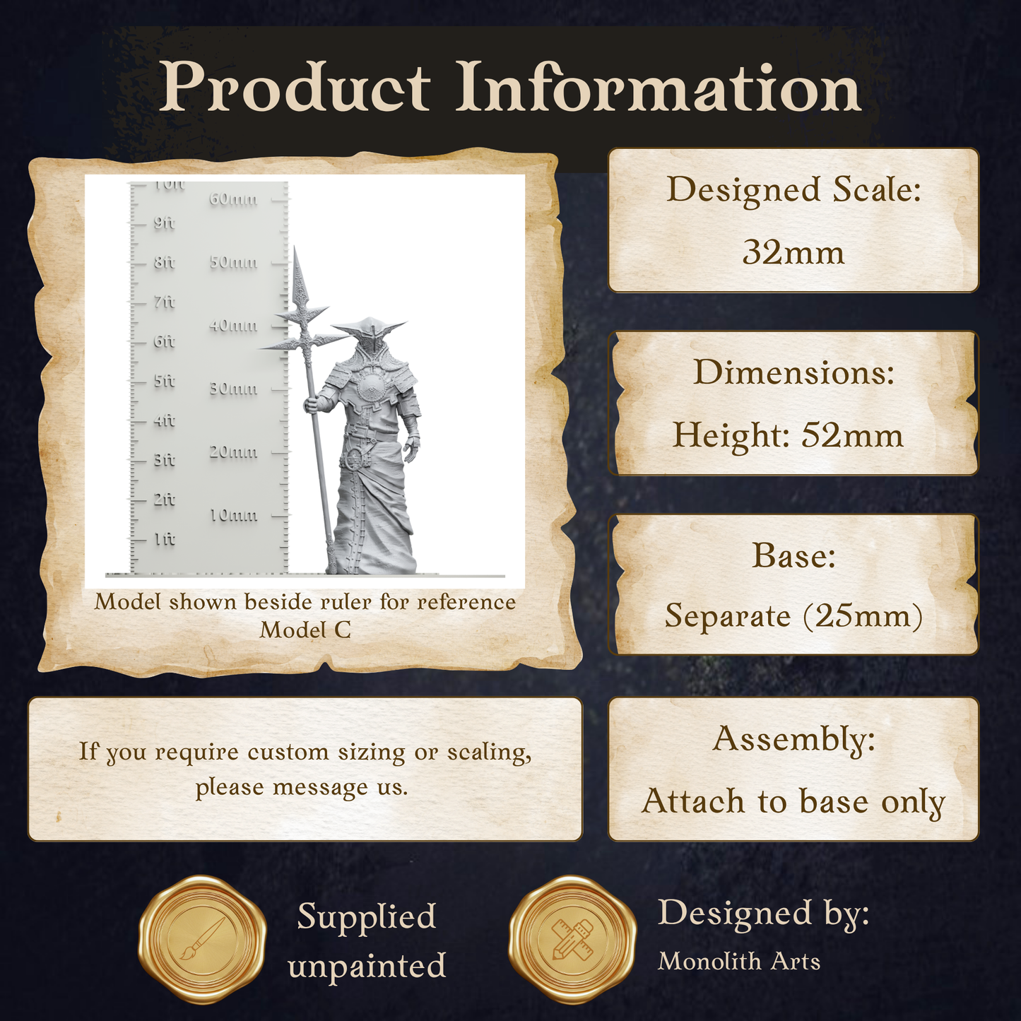 The image is a product information display featuring a model of a statue or sculpture, along with dimensions and assembly instructions.