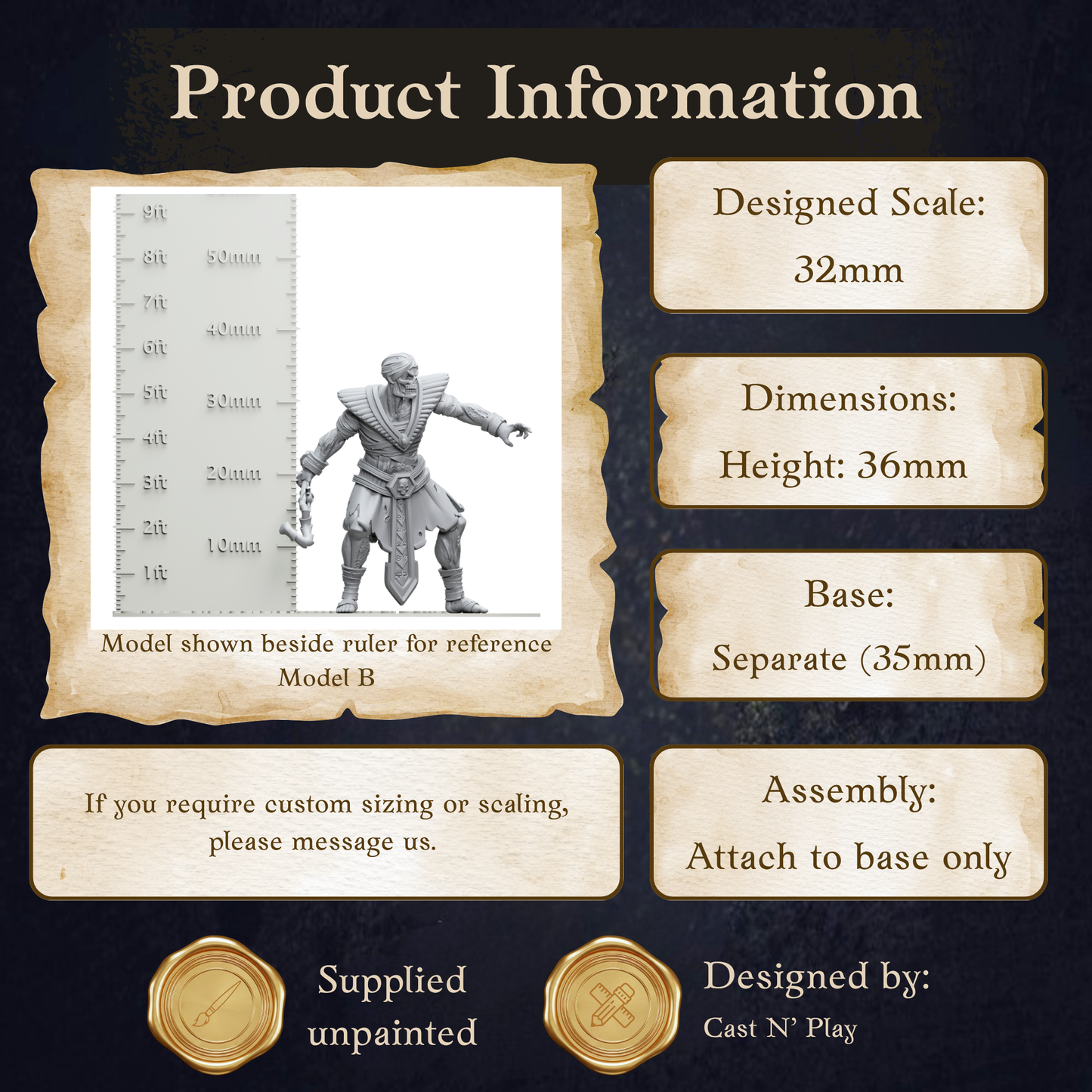 The image is a product information graphic for a model called "Model B", which is designed to be used as a reference size for customizing or scaling. The model is shown beside a ruler for scale reference. The dimensions of the model are 32mm in height and 36mm in width. The base of the model is 35mm. The image also provides instructions for assembly, stating that it should be attached to the base only. The image is designed by Cast N' Play.