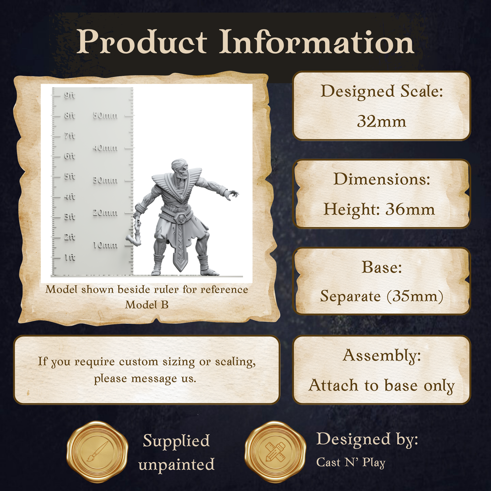 The image is a product information graphic for a model called "Model B", which is designed to be used as a reference size for customizing or scaling. The model is shown beside a ruler for scale reference. The dimensions of the model are 32mm in height and 36mm in width. The base of the model is 35mm. The image also provides instructions for assembly, stating that it should be attached to the base only. The image is designed by Cast N' Play.