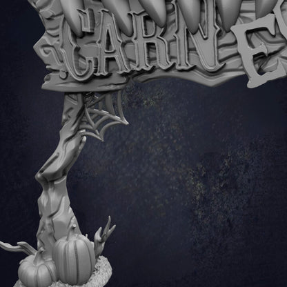 A close-up view of a dark, textured background with a stylized, ornate sign or banner prominently displayed.