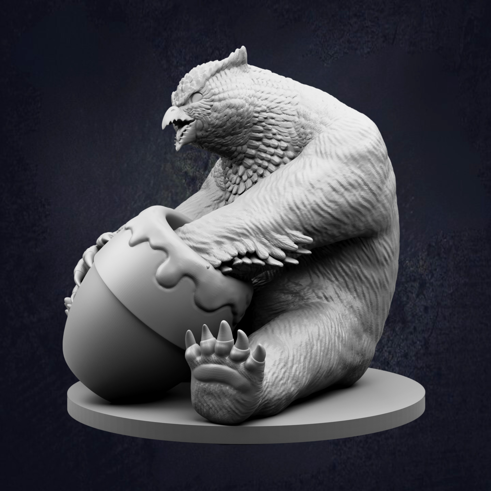 A 3D rendering of a bear holding a honey pot, with a dark background.