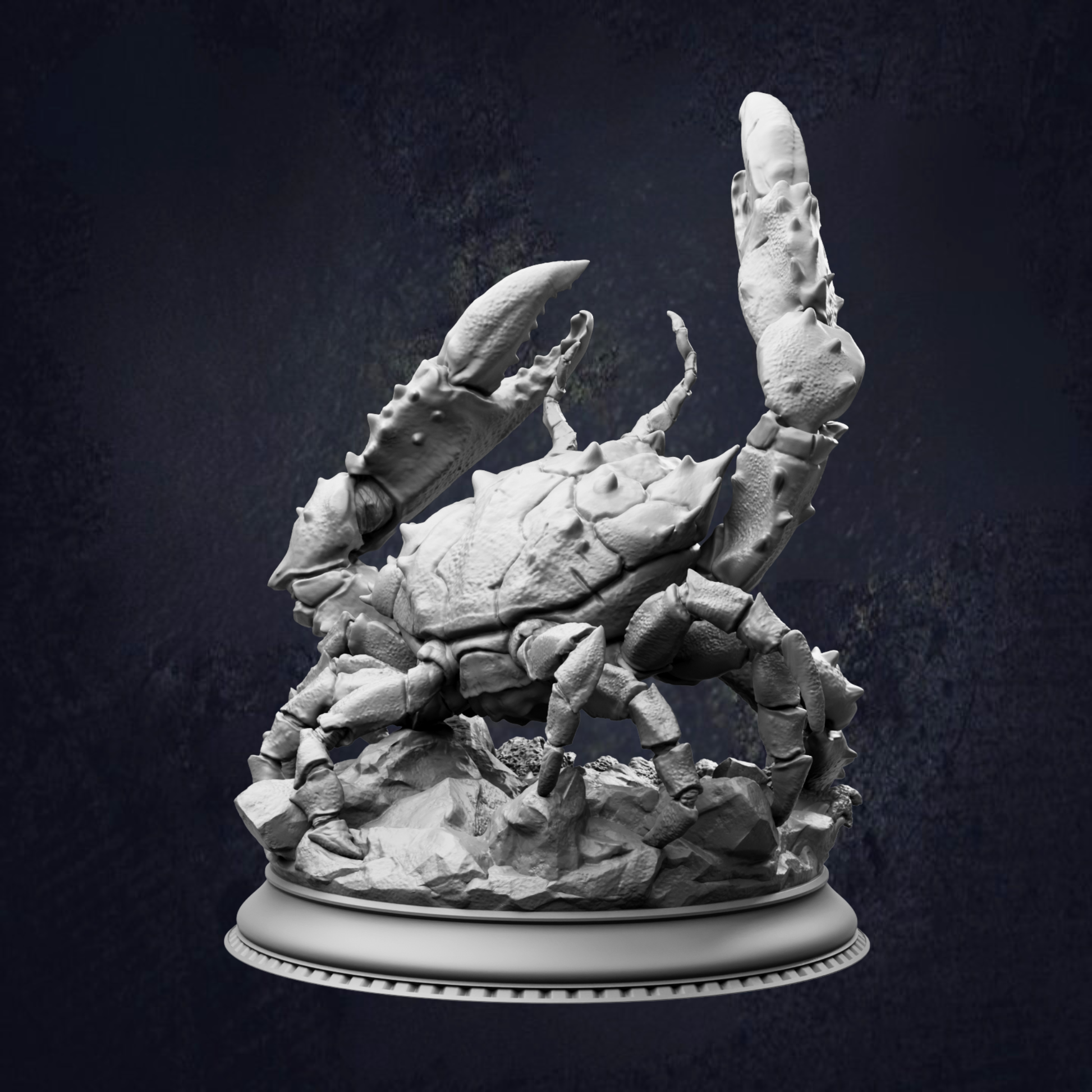 A detailed 3D model of a crab with sharp claws and a textured shell, displayed on a white base against a dark background.