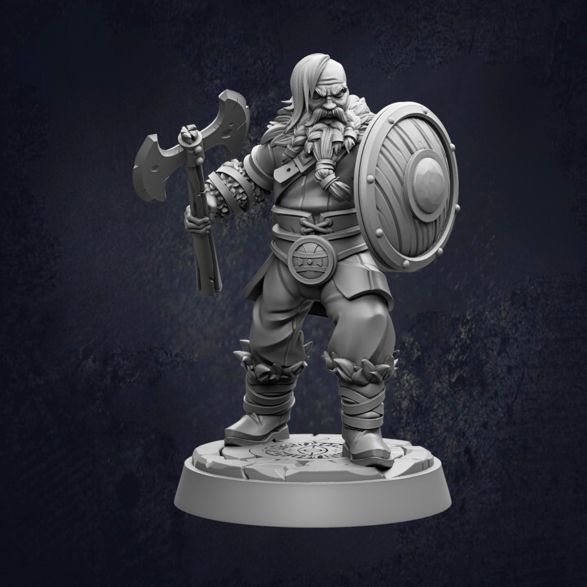 A detailed 3D model of a warrior figure, holding a shield and a sword, standing on a platform against a dark background.