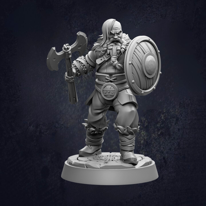A detailed 3D model of a warrior figure, holding a shield and a sword, standing on a platform against a dark background.