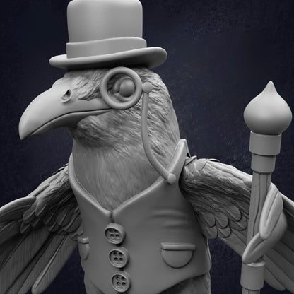 A detailed 3D rendering of a bird wearing a top hat, monocle, and vest, holding a cane and standing against a dark background.