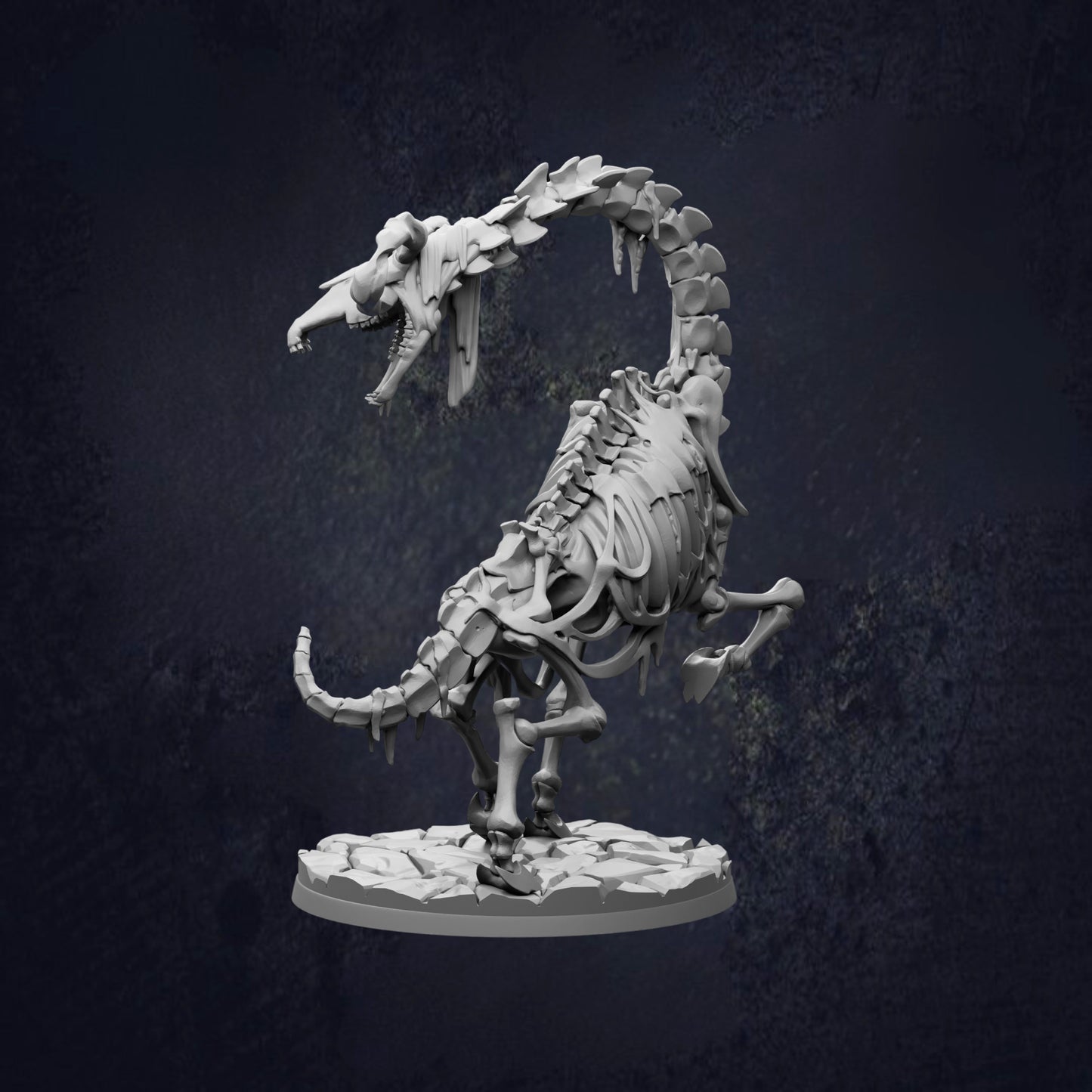 A 3D rendering of a skeletal dinosaur with a fierce expression, standing on a rock formation against a dark background.