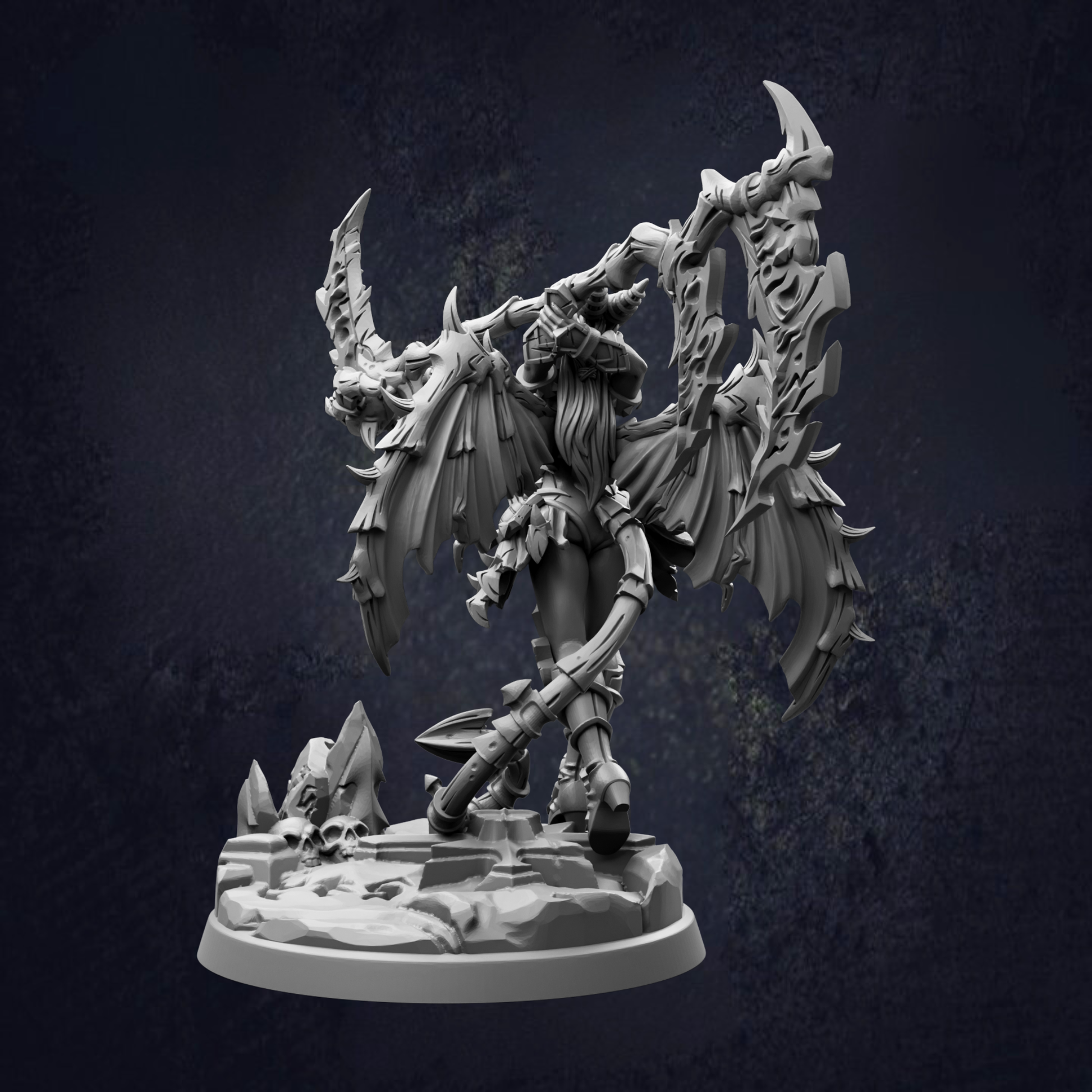 A detailed 3D model of a winged, armored figure with sharp, angular weapons, standing on a rocky base against a dark background.