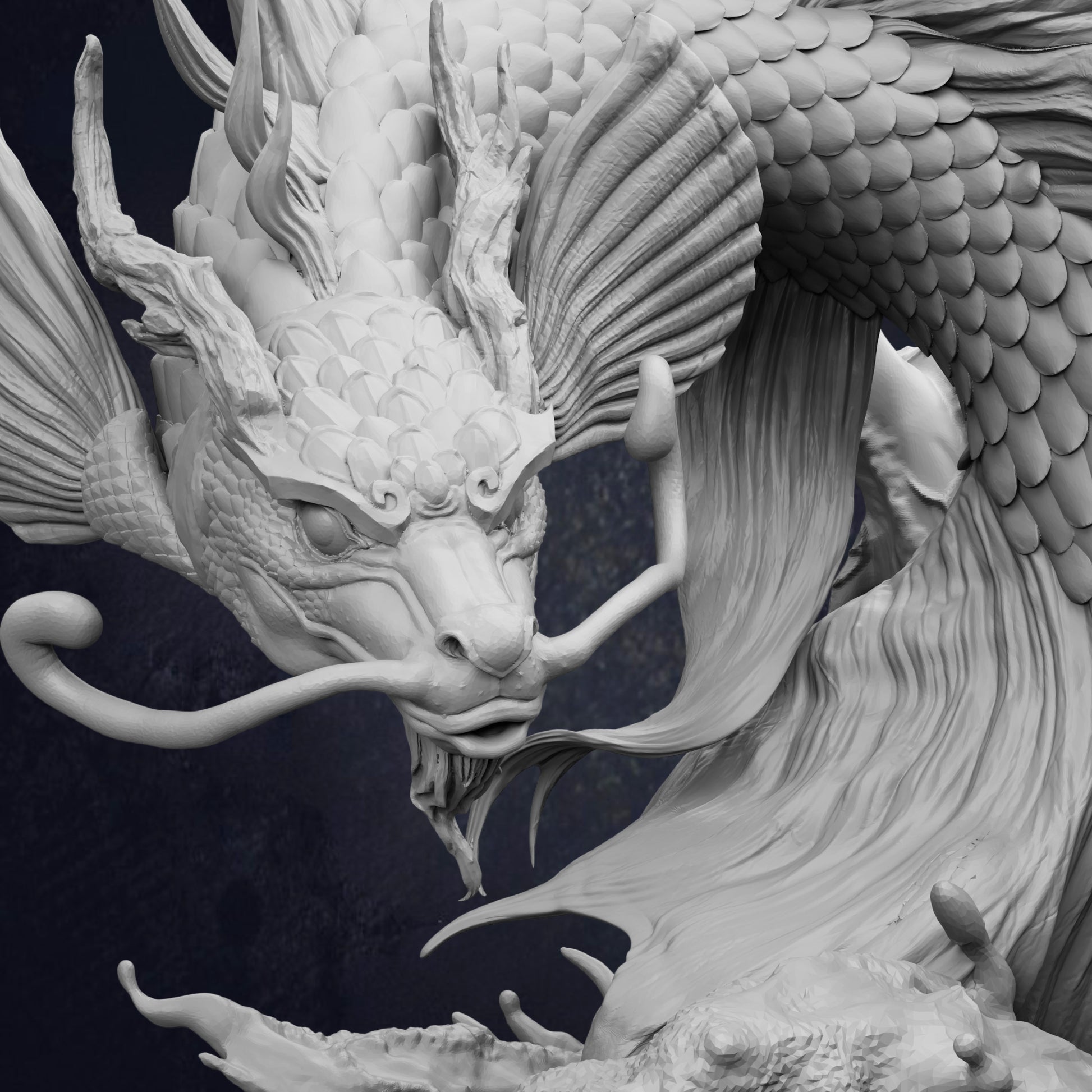 Close view of the Koi Dragon Gargantuan Ancient Water Dragon D&D RPG miniature, showing a serpentine dragon with flowing fins, whiskers and detailed scales rising from a rocky ocean base. 166mm tall on a 100mm base. Requires assembly.