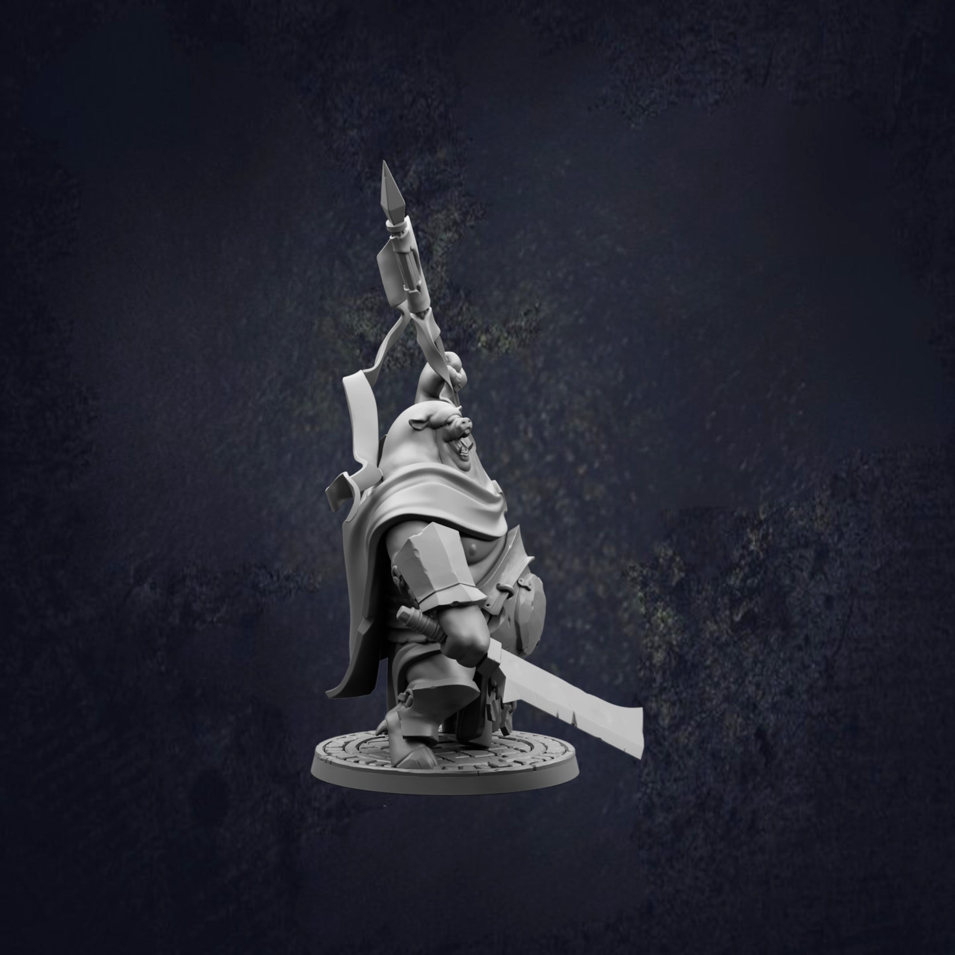 A 3D model of a character holding a spear and shield, standing on a platform against a dark background.