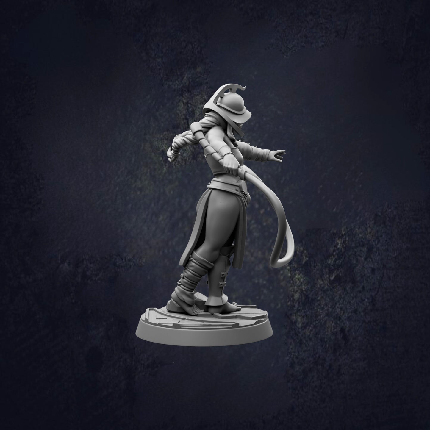 A 3D model of a character in a fighting stance, wearing a helmet and holding a weapon, against a dark background.