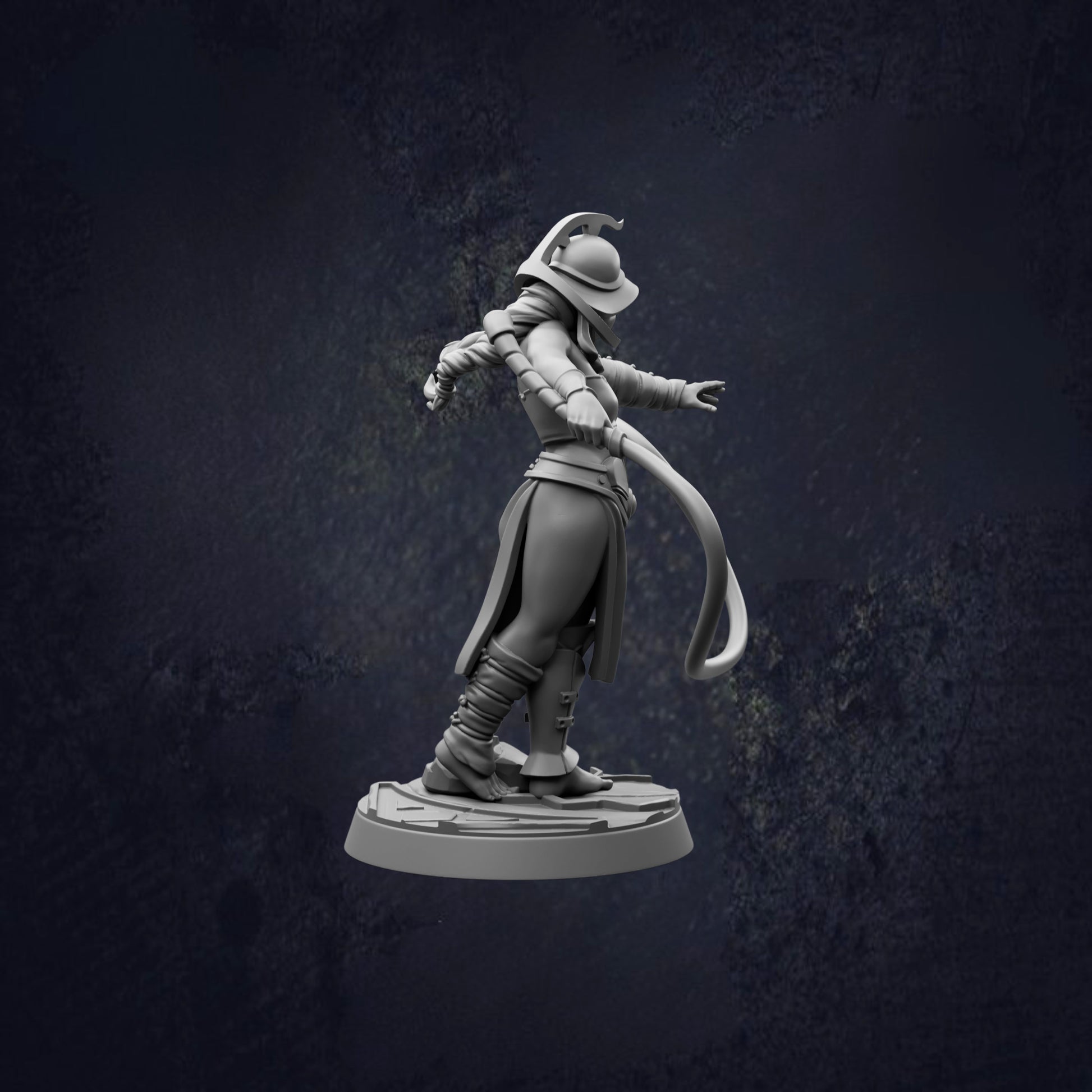 A 3D model of a character in a fighting stance, wearing a helmet and holding a weapon, against a dark background.