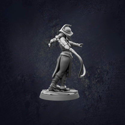 A 3D model of a character in a fighting stance, wearing a helmet and holding a weapon, against a dark background.
