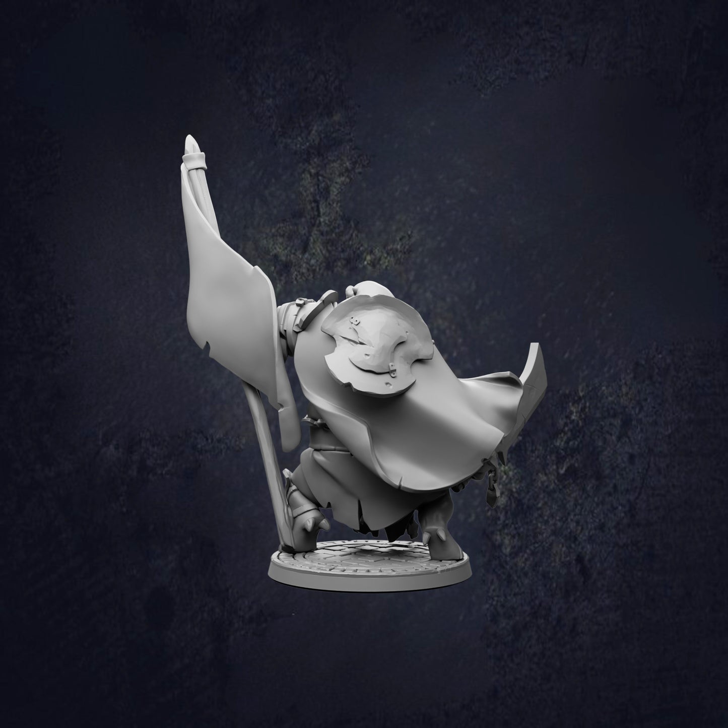 A 3D rendering of a figure holding a flag, standing on a platform against a dark background.