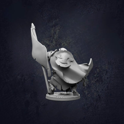 A 3D rendering of a figure holding a flag, standing on a platform against a dark background.