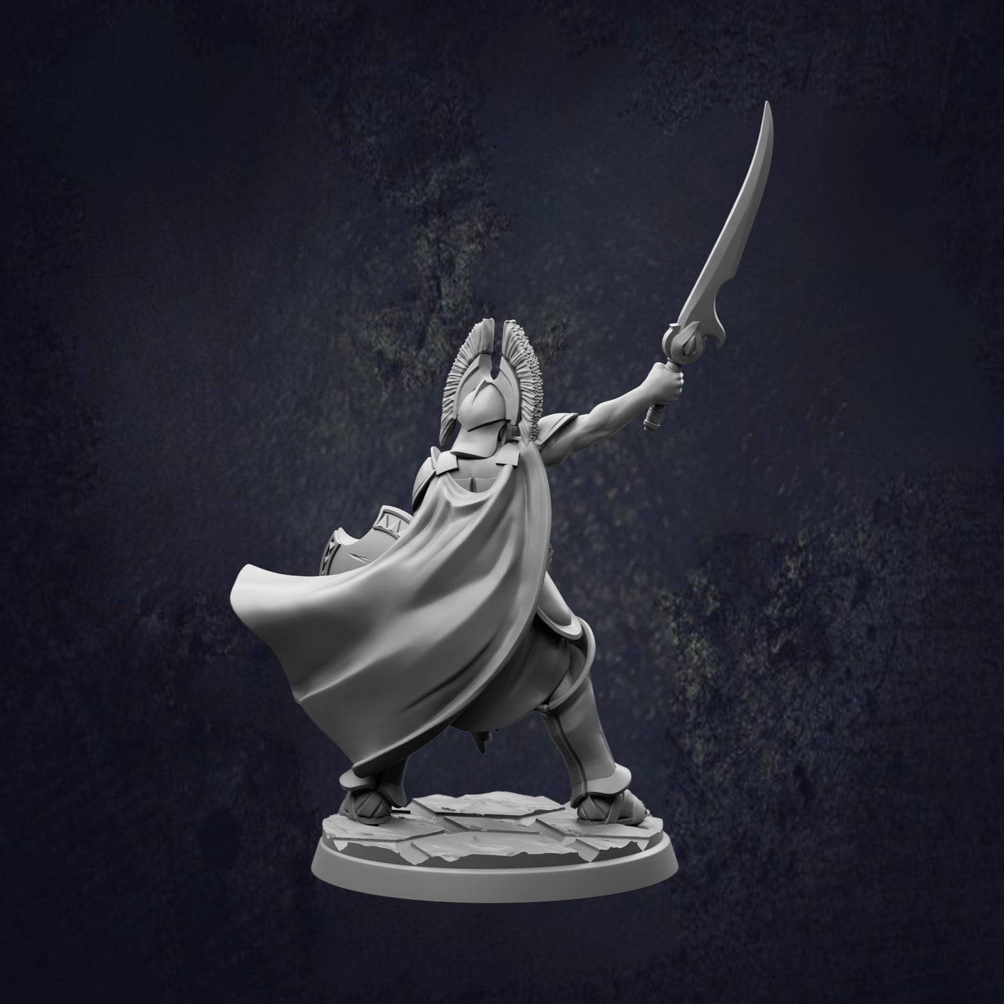 A statue of a warrior figure with a sword raised, standing on a platform against a dark background.